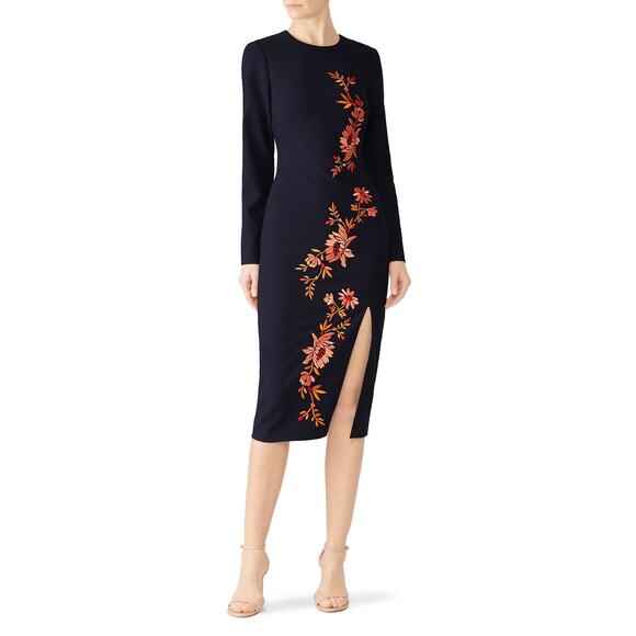 CINQ A SEPT Women's Navy Orange Floral Embroidered Side Slit Lexi Dress Size 8 - Picture 3 of 16